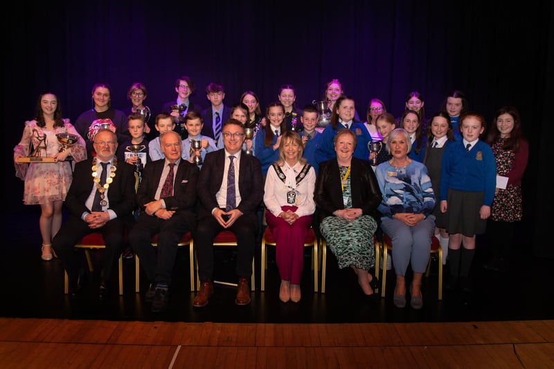 Mayor of ABC Council, Alderman Margaret Tinsley with the platform party and overall winners on the final night of Portadown Music Festival.. PT16-222.