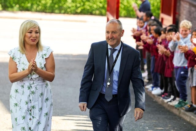 The First Minister is welcomed by principal Seamus McCreesh. Photo: submitted