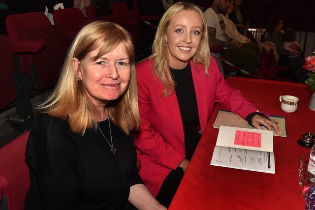 Joint Folk Dancing secretary, Catherine McCooe, left, and adjudicator, Jenna Armstrong pictured at the start of the 84th Portadown Folk Dancing Festival at Portadown Town Hall on Saturday. PT12-204.