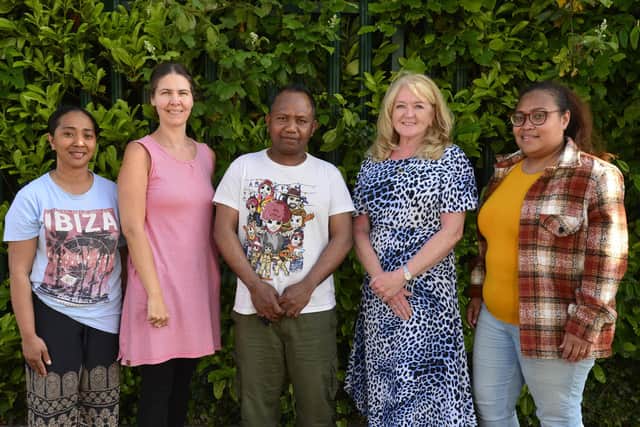 Elisabeth Guterres Fonseca, Julio Mantalvao De Jesus, Liz Conor-Kerr, Migrant Centre NI, Geraldine McGahey, Equality Commission for Northern Ireland, Vinigia Santos Da Silva in Lurgan, Co Armagh for a meeting on issues of migrants in NI.