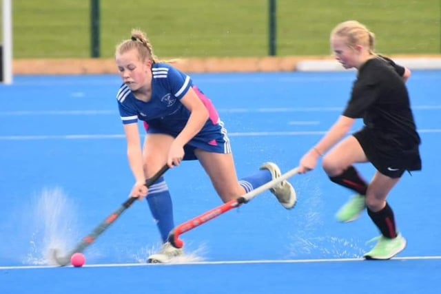 It's tight in this race for the ball. NI and All Ireland Champions Portadown Ladies Hockey Club U14s are heading for Europe