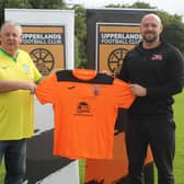 Upperlands FC Vice-Chairman Alistair McGonigle receiving Upperlands Football Club New Kit From our Sponsor Aaron's Gym Aaron  McGonigle. Credit: Upperlands FC