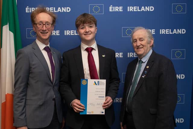 Ewan McNally receiving his Rotary Youth Leadership Development Competition award from Fearghas Ó Béara, Head of European Parliament Liaison Office in Ireland and Michael Fleming, District Governor of Rotary Ireland, at an event at Europe House in Dublin. Picture: Ger Holland Photography
