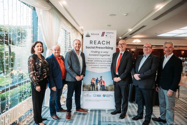 (L-R): Judith Poucher (COO, Clanrye Group), Packie Kelly (Manager, Teach Na nDaoine), Gearóid Cassidy (Director of Adult Palliative Care and Neighbourhood Model Policy, Department for Health NI), Paul Sheridan (Director of Corporate Services, SEUPB), Liam Devine (CEO, Clanrye Group), Nicholas McCrickard (Manager, County Down Rural Community Network)