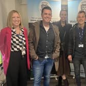 Cool FM's Pete Snodden, Rebecca McKinney and Paulo Ross with Mrs Kernaghan (vice-principal) and Mr Fulton (principal) at Victoria Primary School.  Photo:  Victoria PS