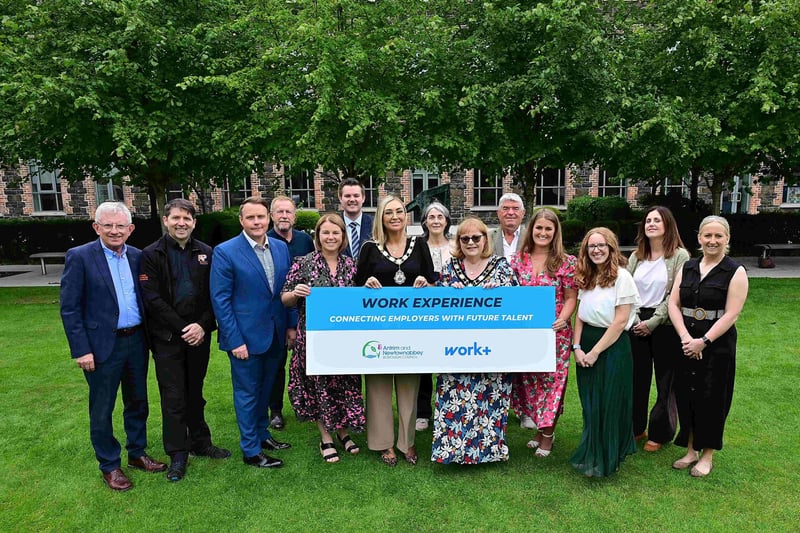Mayor or Antrim and Newtownabbey, Councillor Leah Kirkpatrick, and Deputy Mayor Councillor Julie Gilmour with Elected Members and work placement providers.