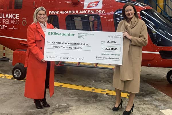 L-R: Colleen Milligan, business development manager at Air Ambulance NI, and Caroline Rowley, business development director at Kilwaughter Minerals. Photo submitted