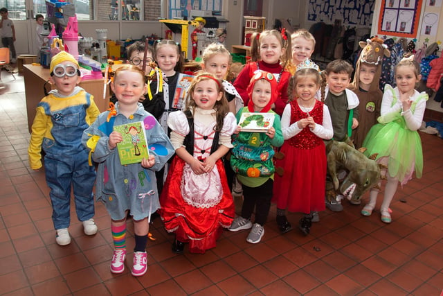 P1 pupils at St John the Baptist Primary School all dressed up for World Book Day. PT10-245.