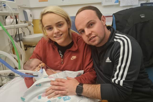 Lurgan parents Shannon and Jamie O'Neill with their little baby Bobby who only survived two days after his birth in Our Lady's Children's Hospital in Crumlin. Little Bobby had been born with significant heart and lung problems. His parents are now running a country music night to raise money for the Children's Heartbeat Trust and the Children's Health Foundation in Crumlin.