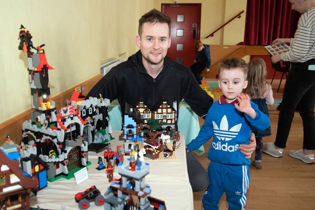Barry Trainor and son Brendan (4) enjoying the Lego exhibition in Thomas Street Methodist Church Hall on Saturday. PT15-203.
