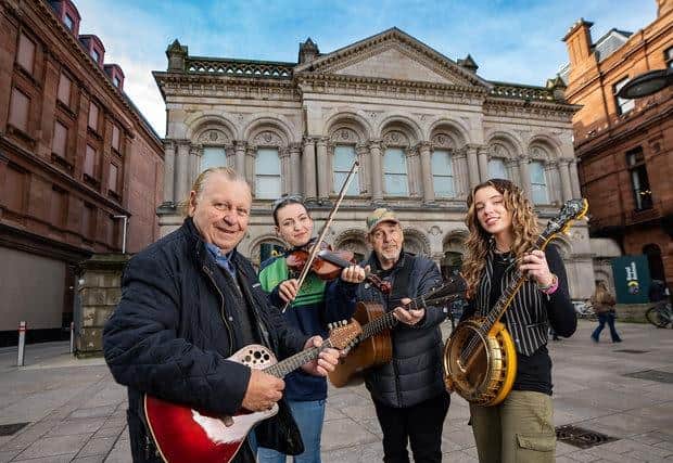 Eddie and George Furey met students from Glengormley School of Traditional Music to perform some of the internationally acclaimed folk band’s songs at 2 Royal Avenue in Belfast. (Pic: Contributed).