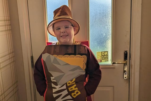 Eight year old Callum McClimond Farrell from Edenderry Primary School, as a Willy Wonka Bar.