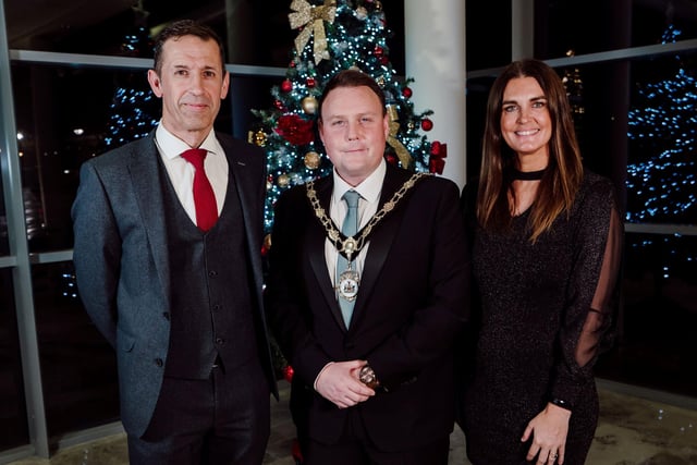 Richard Baker GM, chief executive of Antrim and Newtownabbey Borough Council; the Mayor of Antrim and Newtownabbey, Councillor Mark Cooper and The Honourable Rowena Baker.