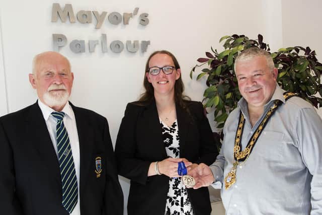 Coleraine Judo Club head coach and President of the Northern Ireland Judo Federation,  Dr Richard Briggs and Collette Kerr pictured with the Mayor of Causeway Coast and Glens Borough Council, Councillor Ivor Wallace