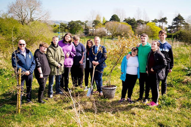 The Mayor of Antrim and Newtownabbey, Alderman Stephen Ross, with staff and pupils from Hill Croft School.