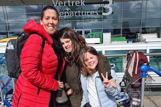Claire and her daughters Eleanor and Keira pictured leaving The Netherlands.  Photo: Claire Giblin