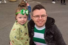 Hugh Haughain and daughter, Aurora pictured at the St Peter's GAC St Patrick's Day parade. LM11-216.