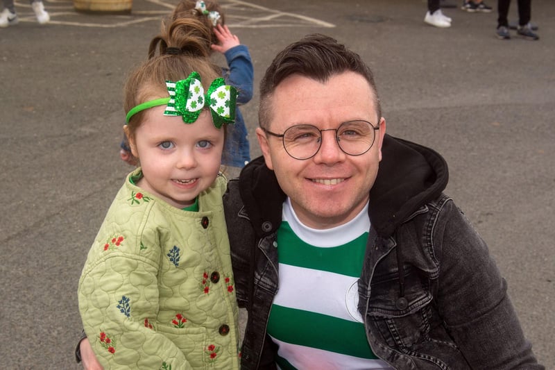 Hugh Haughain and daughter, Aurora pictured at the St Peter's GAC St Patrick's Day parade. LM11-216.