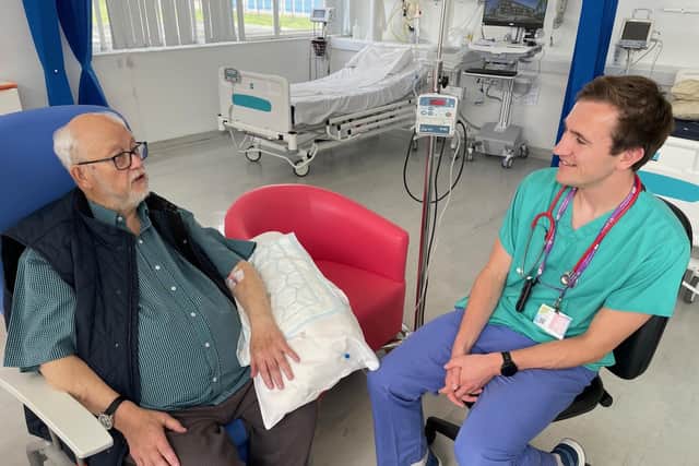 Cardiac Patient, Drew Moore with Cardiology Registrar, Dr Mark McKane. Pic credit: SEHSCT