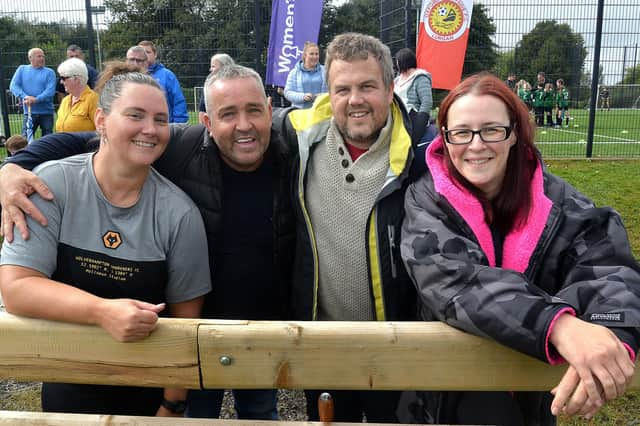 Enjoying the day out at the Natalie McNally Memorial Tournament are Glenavon fans from left, Nicola and Simon McShane and Colin and Victoria Crooks. LM35-236.