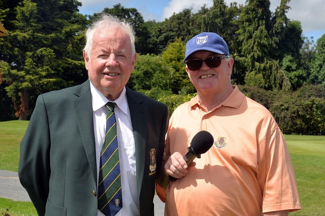 Portadown Golf Club president, Colm McKeever pictured with competition starter, Benny Hunniford on Saturday at President's Day. PT26-225. Photo by Tony Hendron