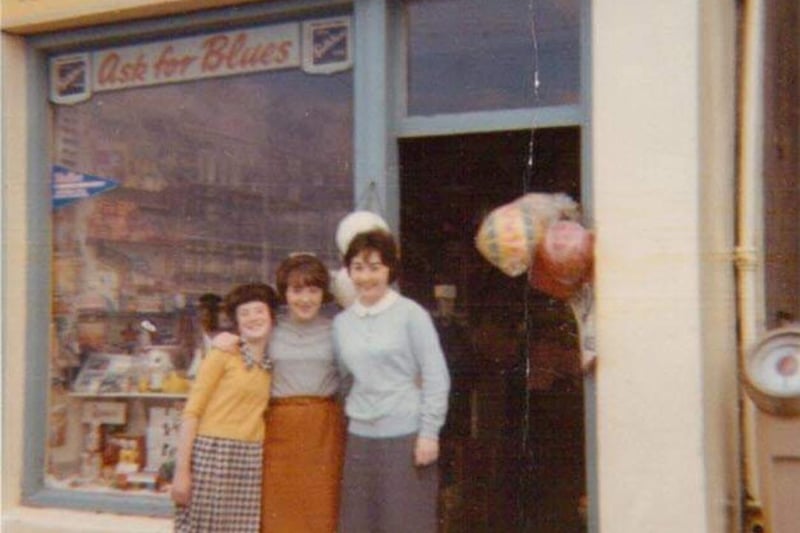 Sheila Conway (right) pictured with two customers outside Sheila's Sweet Shop Portstewart during the late 1960s