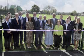 Lord Mayor Cllr Sarah Duffy, Communities Minister Gordon Lyons and guests at the official opening of the new 3G sports pitch and pavilion. Edward Byrne Photography.
