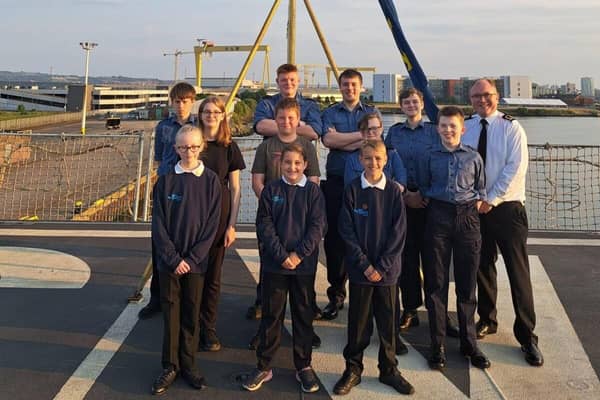 Lisburn Sea Cadets onboard one of their affiliated ships, RFA ARGUS, in Belfast Harbour last year. Pic credit: Lisburn Sea Cadets