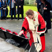Mayor of Mid and East Antrim, Alderman Gerardine Mulvenna lays a poppy wreath at the Remembrance service.  Photo: Mid and East Antrim Borough Council
