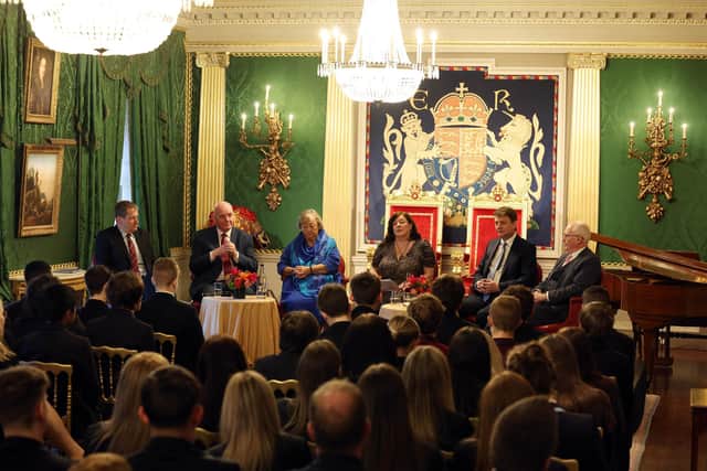 Laura McCorry, head of Hillsborough Castle welcomes 100 secondary school pupils from across NI to a Good Friday Agreement anniversary panel session event with Alistair Campbell, Mark Durkan, Monica McWilliams, Suzanne Breen, David Kerr and Tim O’Connor.