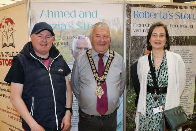 Cllr Ivor Wallace Mayor with Codie Murray and Eva Lynch Pictured at the Launch of 'A world of Stories' organised by Causeway Coast and Glens Borough Council at Coleraine Town Hall
