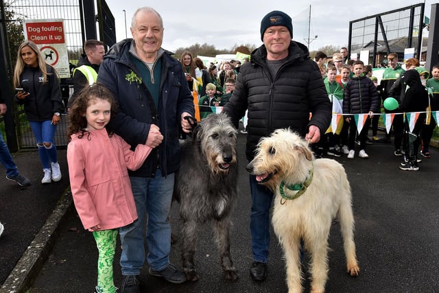 You can't have a St Patrick's Day parade without an Irish Wolfhound and St Paul's GAC had two in the shape of Scolan and Niamh. Pictured with the giant dogs are from left, Ava O'Neill (7), Paul Martin and William Mullen. LM12-211.