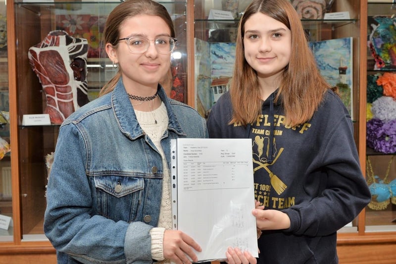 Kaitlin Millar (right) is pictured with sister, Holly who received 1 A, 3 Bs, 1 C and 2 Ds in her GCSE exams at Larne High School in 2018. INLT 35-017-PSB