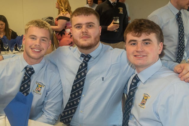 Enjoying the Portadown RFC awards night are from left, David Collins, Scott McKInney and Jack Turkington. PT14-226.