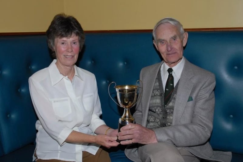 Pam and Miles Harris with the McWilliam Perpetual Cup for the Shetland Championship at the Mounthill Fair in 2007.