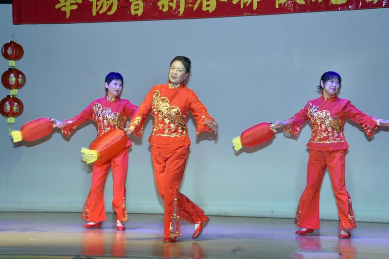 Members of Weihong's Dance Group in action at Craigavon Civic Centre during the Chinese New Year celebrations. PT04-204.