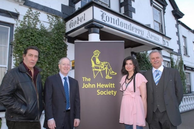 Actor Ciaran Hinds, Frank O'Neill of the Londonderry Arms Hotel, Larne Borough Council Arts and Events officer Rachael McMaster and Councillor Roy Craig pictured at the John Hewitt Spring Festival in 2010.