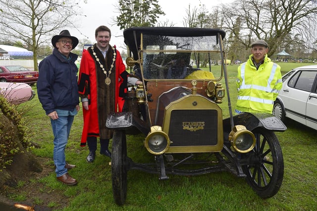 Mayor Carson pictured with members of Lisburn City Old Vehicle Club.