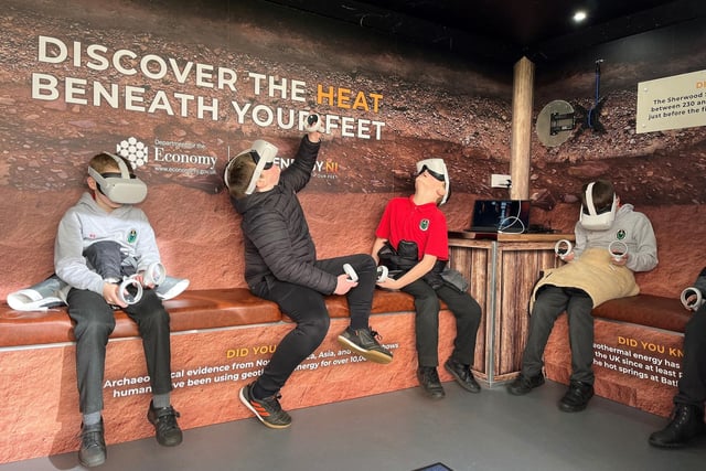 Students from DH Christie Memorial Primary School, Coleraine, enjoy using Virtual Reality technology at the GeoEnergy Discovery Centre. Credit Morrow Communications