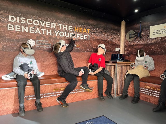 Students from DH Christie Memorial Primary School, Coleraine, enjoy using Virtual Reality technology at the GeoEnergy Discovery Centre. Credit Morrow Communications
