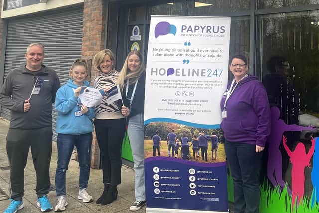 Caroline King, Area Manager PAPYRUS Northern Ireland with Connor Crawford, Empowering Youth Project, Mabel Scullion, Early Intervention Lisburn, Brooke Moorhead and Ugne Girciute Connected Minds Youth Committee. Pic credit: Resurgam Trust