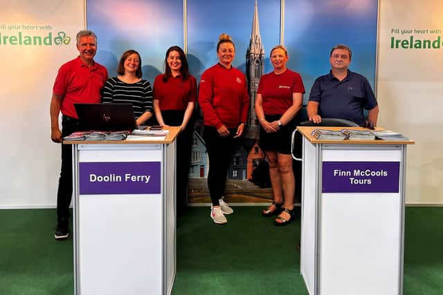 Jason Powell, Causeway Coastal Route; Amy Riddell, Tourism Ireland; Susan Greer, Titanic Belfast; Edel Vaughan, Doolin Ferry; Donna McHugh, Loganair; and William West, Finn McCools Tours; on the Tourism Ireland stand at the Royal Highland Show. Credit – Tourism Ireland