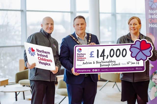 NI Children’s Hospice, Leo Donaghy (Senior Trusts, Foundations and Major Donor Fundraising Executive) and Amanda Connolly (Corporate Fundraiser) pictured with Mayor of Antrim and Newtownabbey, Councillor Mark Cooper. Picture: Antrim and Newtownabbey BC.