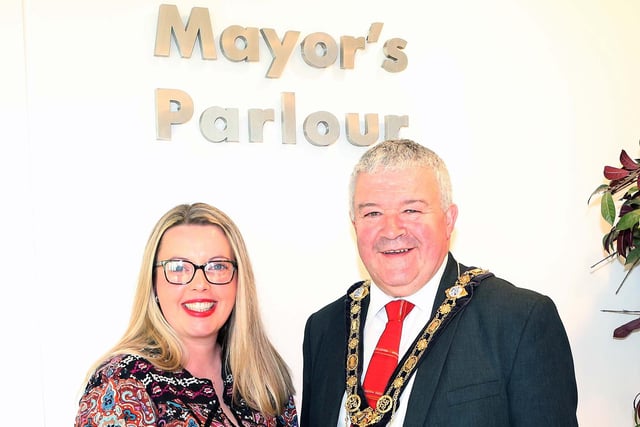 Danielle McKee pictured with Cllr Ivor Wallace Mayor of Causeway Coast and Glens Borough Council at a civic reception at council headquarters in Coleraine for representatives of Compass Advocacy Network (CAN) Ballymoney