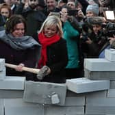 The Sinn Fein leader has dodged making the same commitment, and claimed there has been a "general belligerence" towards Irish interests. That's despite hugely controversial compromises to keep an open border between Northern Ireland and the Republic. Ms McDonald and deputy leader Michelle O'Neill, are pictured here in 2019 smashing down a fake border post - a real one never materialised. Picture: Brian Lawless/PA Archive/PA