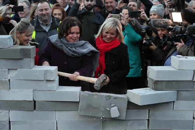 The Sinn Fein leader has dodged making the same commitment, and claimed there has been a "general belligerence" towards Irish interests. That's despite hugely controversial compromises to keep an open border between Northern Ireland and the Republic. Ms McDonald and deputy leader Michelle O'Neill, are pictured here in 2019 smashing down a fake border post - a real one never materialised. Picture: Brian Lawless/PA Archive/PA