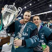 Belfast Giants’ Mark Cooper and David Goodwin celebrate after defeating the Fife Flyers to win the Challenge Cup Final at the SSE Arena, Belfast.  Photo by William Cherry/Presseye