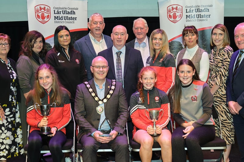 Pictured at the Civic Reception with Chair of the Council, Councillor Dominic Molloy, are representatives from Derry U14 Girls Football team who won the Ulster Championship 2023 and All Ireland Gold Final Championship 2023. Also pictured are nominating councillors, Councillor Christine McFlynn, Councillor Denise Johnston, Councillor Sean McPeake, Councillor Paddy Kelly, Councillor Sean Clarke, Councillor Jolene Groogan, Councillor Cora Corry and Councillor Brian McGuigan.