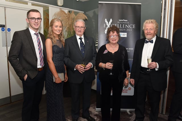 Enjoying the pre-event reception at the Larne Times Business Awards dinner are from left, Jack Anderson, Catherine Henderson, Arthur Henderson, Alderman Gerardine Mulvenna and Councillor Robert Logan. LT48-220.