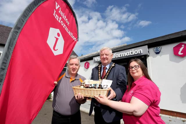 Pictured outside Bushmills Visitor Information Centre (l-r) Eoin Mc Connell Naturally North Coast and Glens, The Mayor Councillor Steven Callaghan, and Gina Doherty Council’s Visitor Servicing Team. Credit McAuley Multimedia